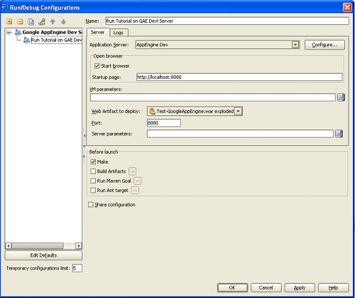 GAE Run Configuration Settings